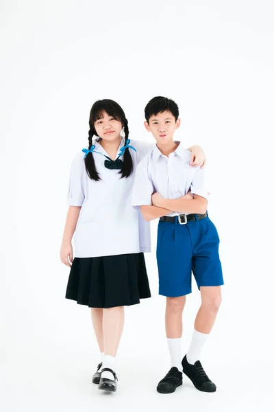 Πίσω Στο Σχολείο Αγόρι Και Κορίτσι Φορούν Σχολικές Στολές Της — Φωτογραφία Αρχείου