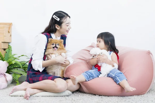 マルタ犬とポメラニアを飼っているアジア系の少女と若い女性 若いです可愛いです女性ホールドで手小さな犬 — ストック写真