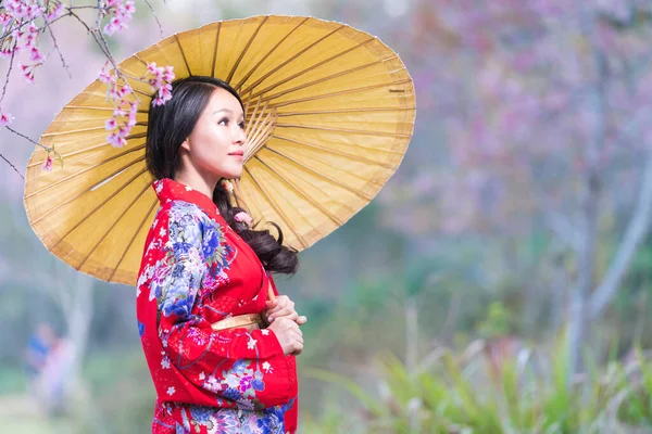 Japon Kadınları Kırmızı Kimono Giyer Ellerinde Sarı Bir Şemsiyeyle Kiraz — Stok fotoğraf