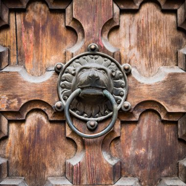 Antique door knocker shaped lion's head. clipart