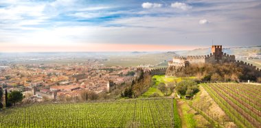 Soave (İtalya) görünümünü ve onun ünlü Ortaçağ Kalesi