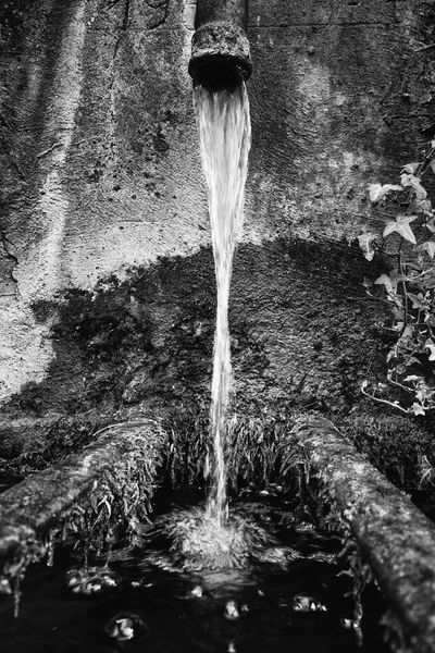 Un chorrito de agua cae en una vieja bañera redonda de piedra musgosa . — Foto de Stock