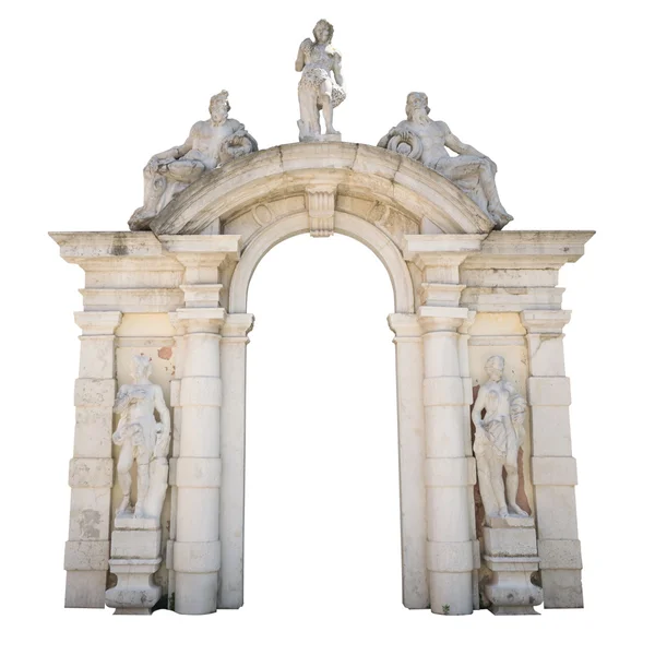 Eingang aus weißem Stein mit Statuen, die als Rahmen oder Bordüre geeignet sind. — Stockfoto