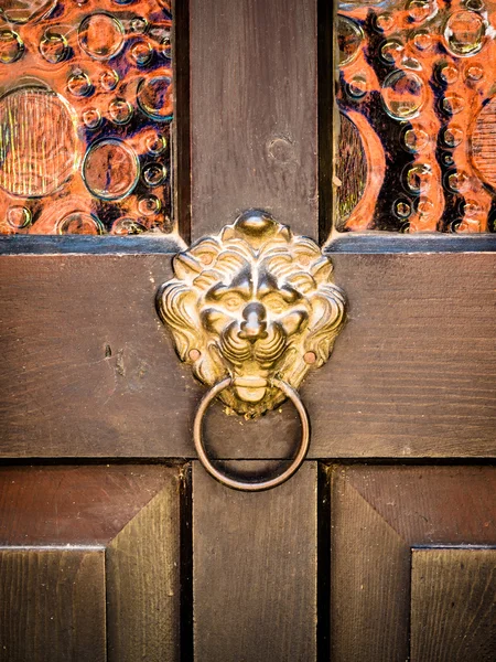 Antique door knocker shaped golden lion's head — Stock Photo, Image