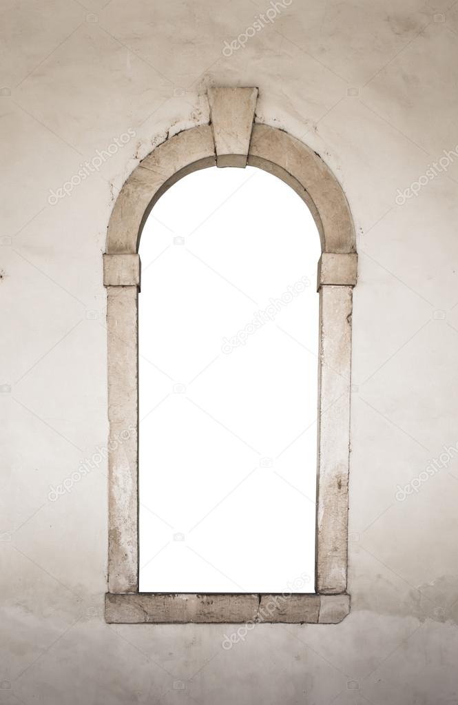 Ancient stone window white isolated