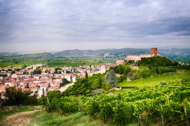 Soave (İtalya) görünümünü ve onun ünlü Ortaçağ Kalesi