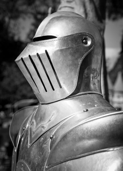 Detail of an iron helmet of medieval armor.