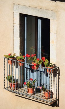 Balkon dolu Sevgiliye Girona'nın eski mahallede, Catalonia, İspanya