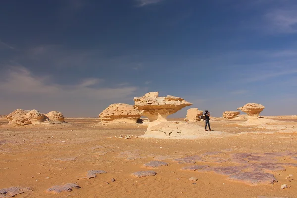Красива дівчина робить знімок в середині дивовижні білої пустелі закрити все оаза в Єгипті. — стокове фото
