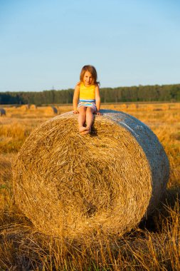 Tarlada saman balyasında oturan küçük tatlı kız.