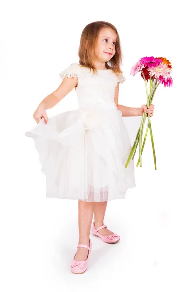 Cute Little Girl Flowers White Background — Stock Photo, Image