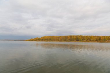 Kırsalda sonbahar doğası. Sarı orman ve nehir