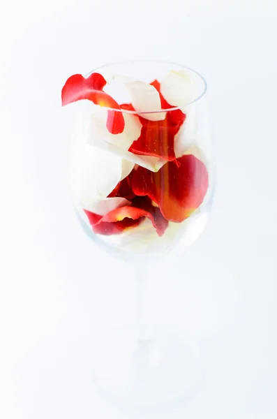 Petali di rosa nel bicchiere di vino su sfondo bianco — Foto Stock