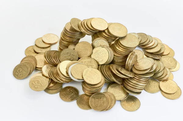 Golden coins isolated on white. Ukrainian coins — Stock Photo, Image