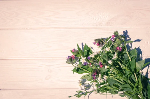 Wildblumen und weißer Holzhintergrund — Stockfoto