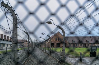 Auschwitz / Polonya - 29 Kasım 2019: Polonya 'daki toplama kampı ve Auschwitz-Birkenau ölüm kampı. 2. Dünya Savaşı sırasında Avrupa 'da Nazi Terörü ve Soykırımı Anıtı ve Müzesi