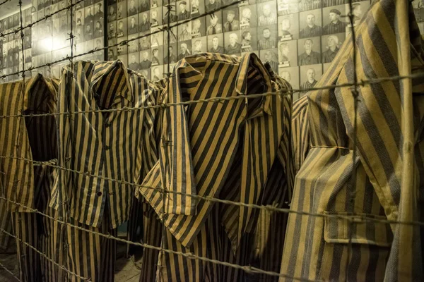 Auschwitz Poland November 2019 Striped Prison Uniforms Sewn Serial Number — Stock Photo, Image