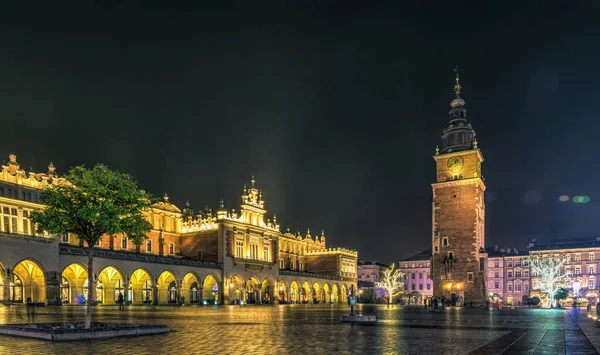 Kleurrijke Kerst Krakau Oude Marktplein Stadhuis Toren — Stockfoto