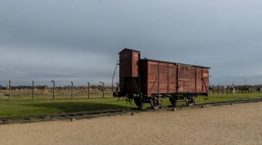 Auschwitz / Polonya - 29 Kasım 2019: Eski ahşap yük vagonu ve demiryolu dikenli tel ve barakaların arka planına karşı. Yahudi ve savaş esirlerinin Auschwitz 'e nakledilmesi