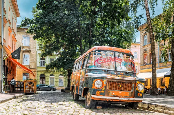 Lviv City Ukraine July 2019 Old Rusty Minibus Painted Colorful — Stock Photo, Image