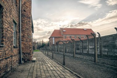 Auschwitz / Polonya - 29 Kasım 2019: Polonya 'daki toplama kampı ve Auschwitz-Birkenau ölüm kampı. 2. Dünya Savaşı sırasında Avrupa 'da Nazi Terörü ve Soykırımı Anıtı ve Müzesi