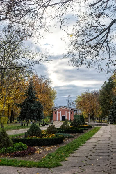 Leere Holzbänke Und Malerischer Herbstpark — Stockfoto