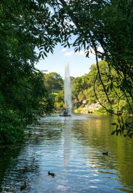 Uman, Cherkassy bölgesi, Ukrayna - 26 Ağustos 2020: Uman, Ukrayna 'da yaşayan turistler, ünlü Sofievsky botanik bahçesinin çimenleri, çiçek yatakları, gölleri ve çeşmeleri. İngiliz tarzında güzel yeşil bahçe.. 