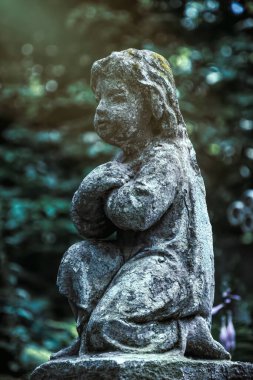 Lviv, Ukrayna - 12 Temmuz 2019: Lviv, Ukrayna 'daki antik gotik Lychakiv mezarlığı. Antik taş mahzenler, mezarlar ve mezar taşları aşırı büyümüş yeşil ağaçlar ve otların arka planına karşı. Ünlü simge.