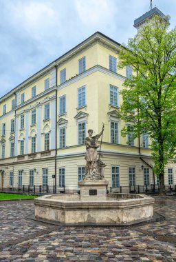  Lviv şehri, Ukrayna - 01 Mayıs 2019: Adonis 'in antik heykeli ve arka planda Lviv Belediye Binası ve eski tarihi Pazar Meydanı binasının ön cephesine karşı bir taş çeşme
