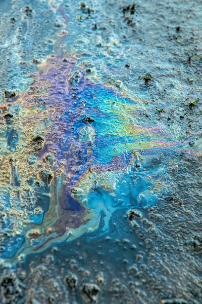 Spill Oil Products Rainbow Oily Streaks Polluted Land Water — Stock Photo, Image