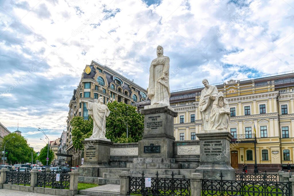 Kyiv, Ukraine - May 14, 2021: Monument to Princess Olga, the holy Apostle Andrew the First-Called and the educators Cyril and Methodius, created by the sculptor Ivan Kavaleridze, Petro Snitkin