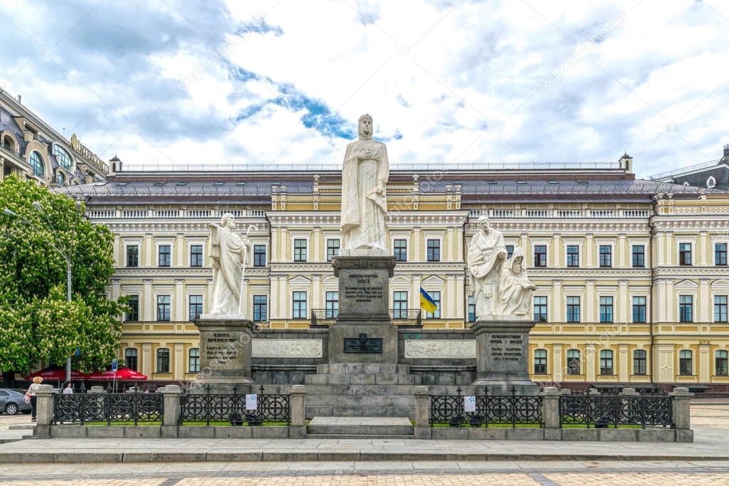 Kyiv, Ukraine - May 14, 2021: Monument to Princess Olga, the holy Apostle Andrew the First-Called and the educators Cyril and Methodius, created by the sculptor Ivan Kavaleridze, Petro Snitkin