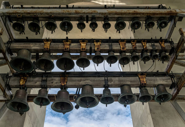 Ancient bronze and copper bells in the bell tower of St. Sophia Cathedral in Kiev, Ukraine