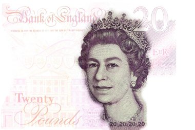 İngiliz sterlini ve Kraliçe II. Elizabeth 'in portresi. Para arkaplanı