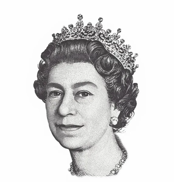 영국의 파운드 스털링 지폐에 나오는 엘리자베스 여왕의 초상화 — 스톡 사진