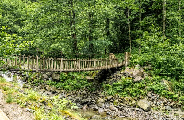 Holzhängebrücke Über Einen Gebirgsfluss — Stockfoto
