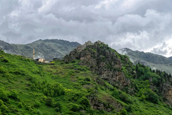 古代の荒廃した城と春の山の谷 — ストック写真