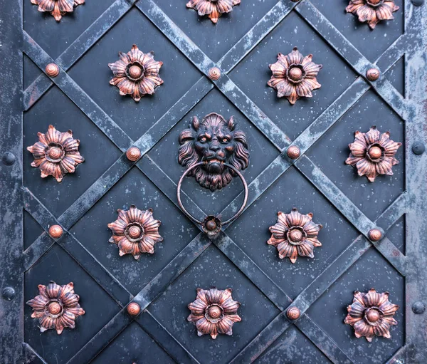 Porta Ferro Forjado Velho Com Cabeça Leão Forma Maçaneta Porta — Fotografia de Stock