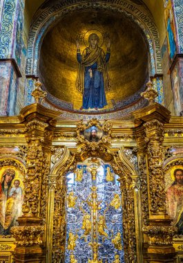 Beautiful fresco painting on the ancient orthodox st. Sophia cathedral in Kyiv, Ukraine. Icons of St. Mary and saints