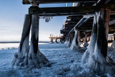 Sopot 'taki Baltık Denizi' nde donmuş eski ahşap iskele
