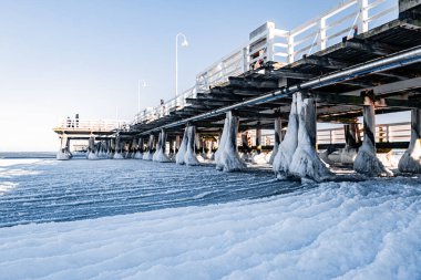 Sopot 'taki Baltık Denizi' nde donmuş eski ahşap iskele