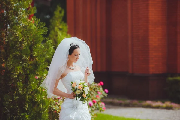 Идеальная стройная невеста в роскошном свадебном платье — стоковое фото