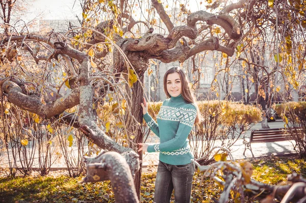 Ein Teenager-Mädchen im hellen Pullover für einen Spaziergang im Herbstpark — Stockfoto