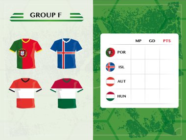 2016 Avrupa Futbol f grubu takımlar, futbol simgeler ve takım formaları bayrağı tasarım, kopya alanı ile kurulu 