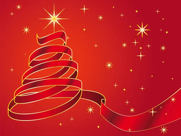 Tarjeta de felicitación de Navidad, rizado árbol de Navidad cinta sobre fondo rojo — Vector de stock