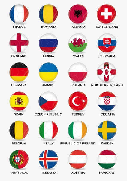 Футбольні іконки в дизайні прапора європейських команд на турнір 2016, іконки з текстурою м'яча — стоковий вектор
