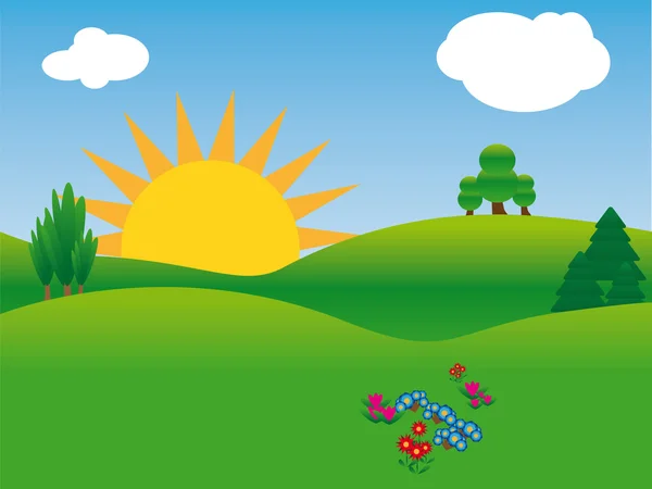 Літній пейзаж з зеленими пагорбами, яскравим сонцем і квіткою , — стоковий вектор