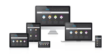 duyarlı web tasarım vektör çizim, modern siyah web sitesi tasarımı kitle iletişim araçları aygıt, bilgisayar monitörü, tablet, defter, smartphone