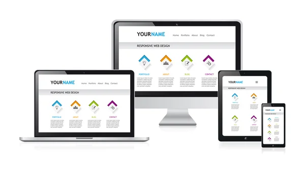 medya aygıtları, beyaz Web sitesi şablonu ile renkli düğmeler duyarlı web tasarım