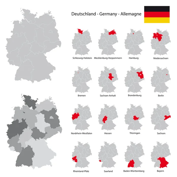 Hochdetaillierte Deutschland-Kartensammlung, rot markierte Bundesländer in separaten Kartenillustrationen — Stockvektor